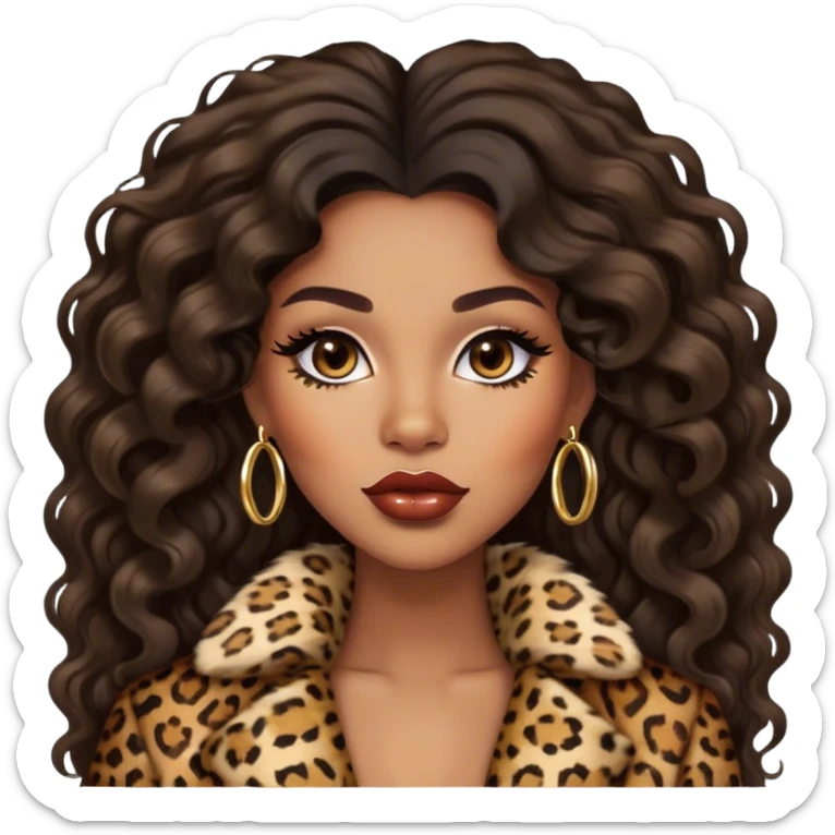 light brown skin tone, very beautiful woman, with big plump lips, long long lashes, black wavy long hair, brown eyes, leopard fur coat, gold hoop earrings sticker