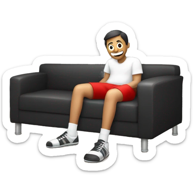 The image show a person sitting on couch. They are wearing a dirty socks and red shorts. Their legs are extended, with one foot closer to the camera. The person is wearing white socks with black text near the top, one of which is on the floor. sticker