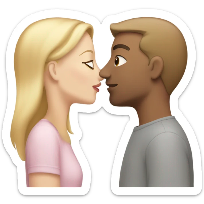 white woman with blonde hair and a light pink shirt kissing a white man with brown hair wearing a grey shirt sticker