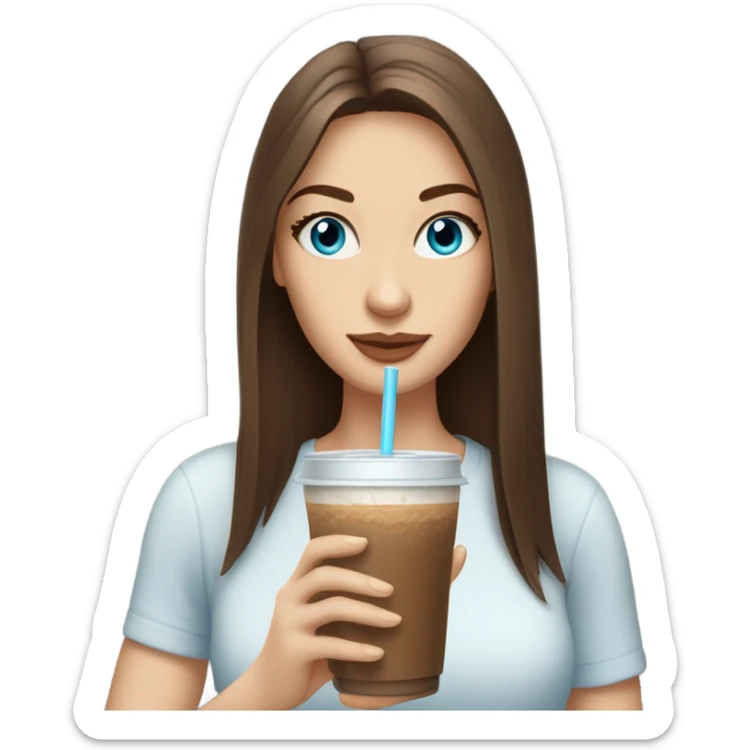 brown hair blue eyes long straight hair white skin woman holding an iced coffee sticker