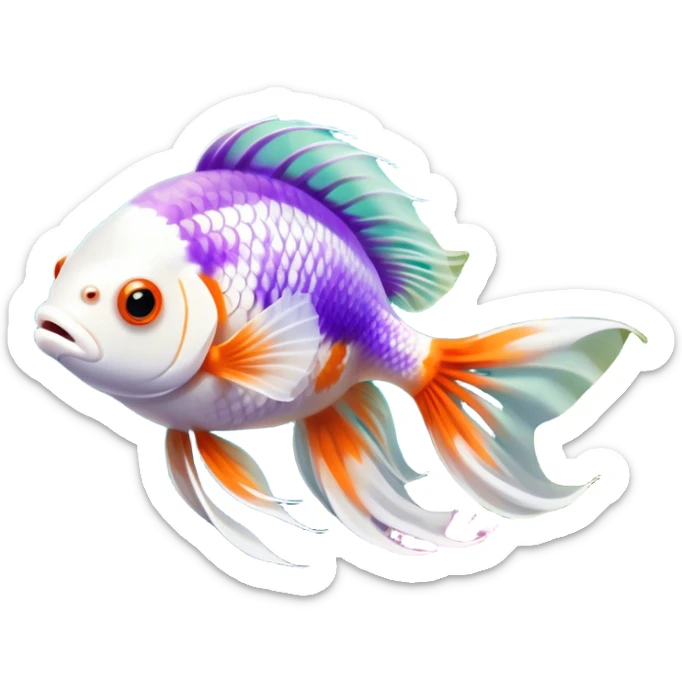 Large aquarium fish like veil tails and lionhead goldfish swimming gracefully in a beautifully decorated aquarium. Colorful aquatic plants, smooth rocks, and gentle bubbles surround the fish. The water shimmers in sunlight, creating a peaceful and vibrant underwater scene. Transparent background. sticker