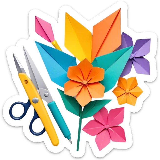 Paper crafting icon, various paper crafts like origami, paper flowers, and scrapbooking materials, visible tools such as scissors, glue stick, and paper sheets, colorful paper patterns, minimalistic style, clean lines, transparent background. sticker