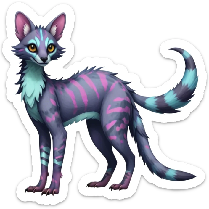 Feral Rare Fantasy dark colorful pastel vibrant tropical Vernid-Sergal-Genet-Trico-species by LiLaiRa, random markings, tufted tail, tufted ears, full body sticker