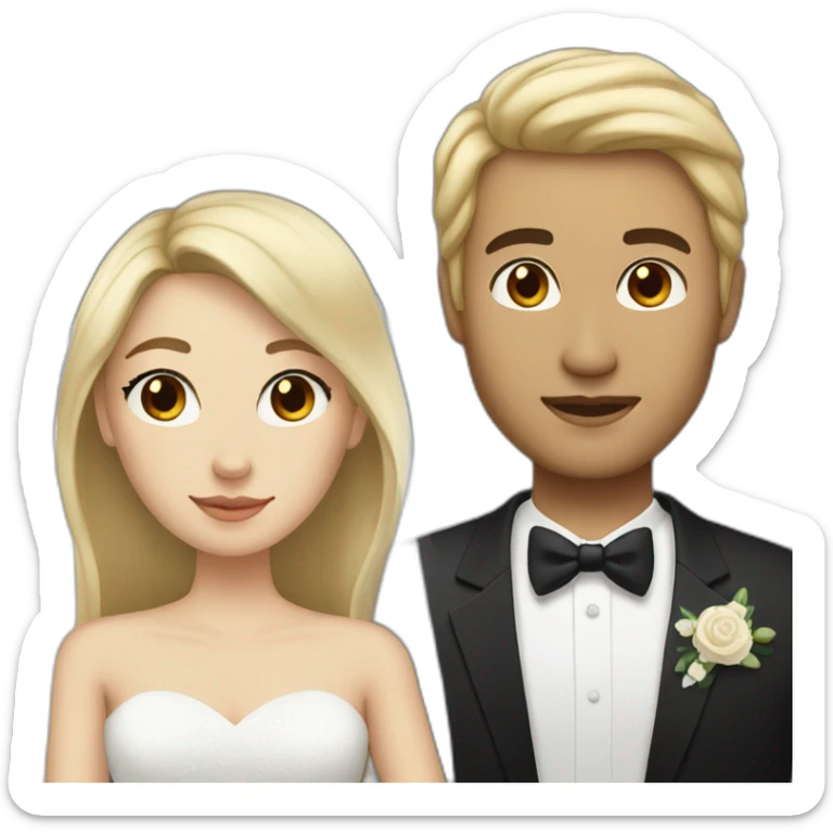 Woman with dark brown and straight hair with black eyes and man with blonde hair getting married sticker