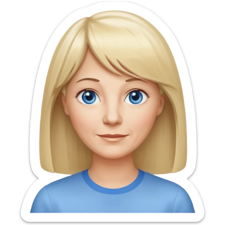 50 yr old white woman, center parted hair with bangs, very long straight blond hair, oval face, small smile, blue eyes, thin face, hair downback, hair parted at center of head, round cheeks, pale, longer hair, white shirt sticker