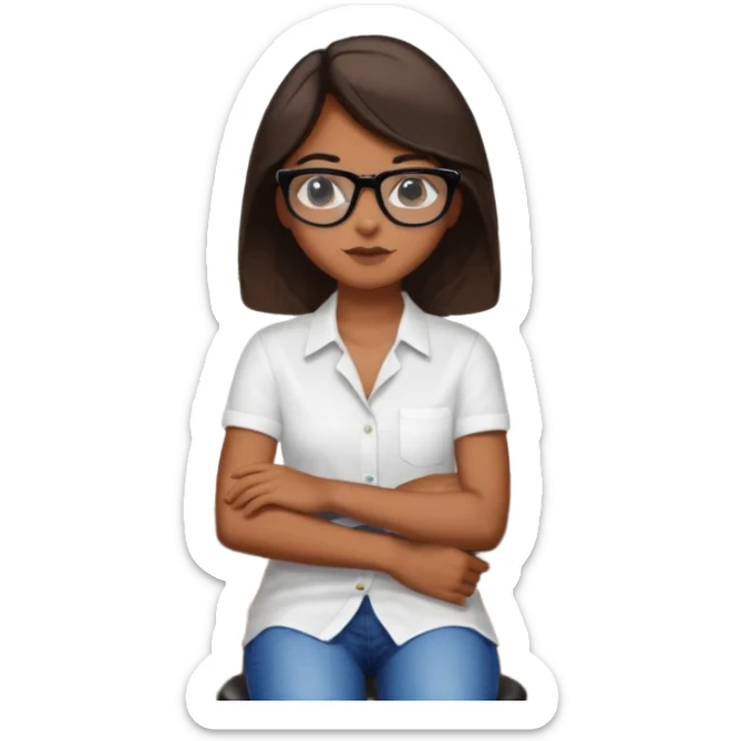 No pero que las florecitas azules estén en la camiseta dibujadasCréame una chica morena de pelo más o menos por los hombros con granitos en la cara y unas gafas negras, que esté sentado en una silla de bar con una camisa blanca con florecitas azules sticker