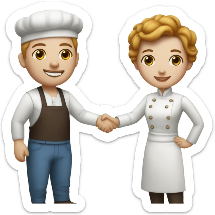 restaurant owner with white skin, and blogger with white skin, shaking hands in great detail sticker