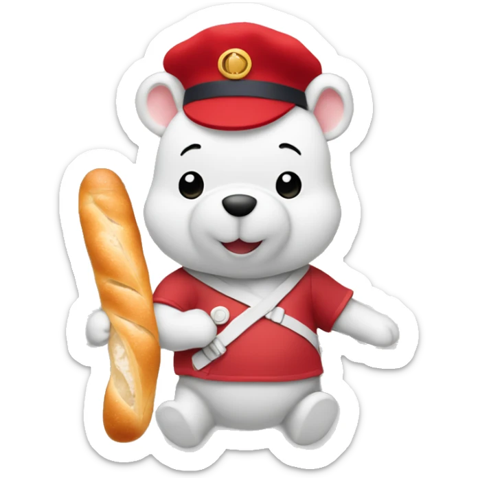 parisien style white pooh, with red beret on head and baguette in arms, and with eiffel tower in background sticker
