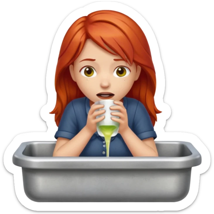 apple style emoji of a girl with red hair at a dry sink, showing signs of thirst and fatigue sticker