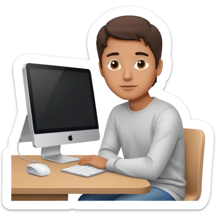 emoji of a man sitting at the table with an imac on it, a man sits in a very thoughtful pose sticker