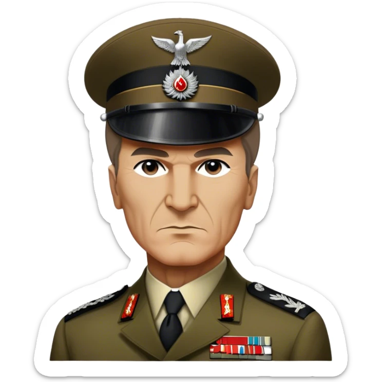 Cinematic Realistic Mustafa Kemal Atatürk Portrait Emoji, depicted as a visionary statesman with a determined gaze and period military attire, rendered with rich textures and dynamic historical lighting that captures his transformative leadership. sticker