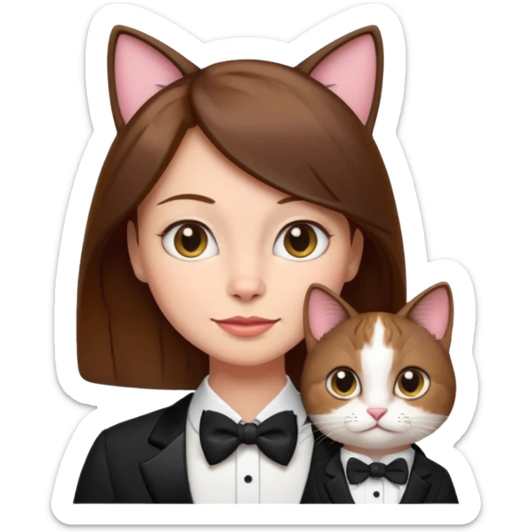 slightly more feminine woman with short brown hair and a tuxedo cat, emoji style, variation 2 sticker