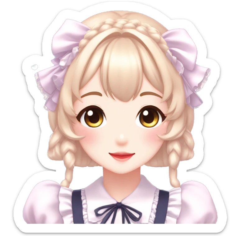 Gorgeous anime style lady blushing face maid outfit Lolita idol model colorful shiny sparkle kawaii pastelcore cottagecore pearly petite simplistic aesthetic trending style sticker