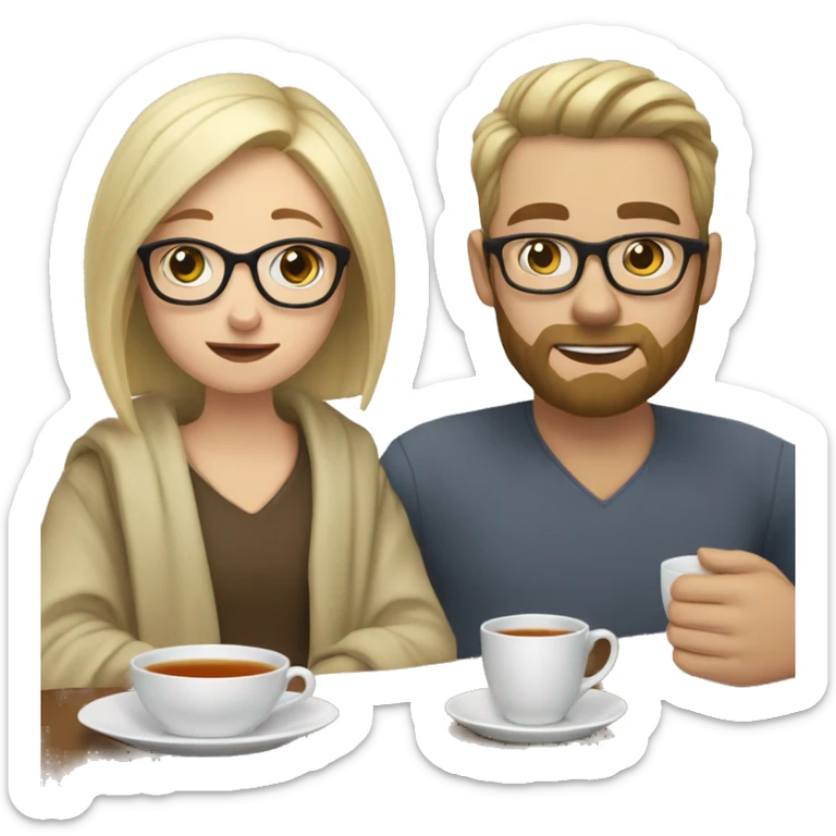 Pale blonde girl wearing glasses and short brown haired bearded man drinking tea under blanket sticker