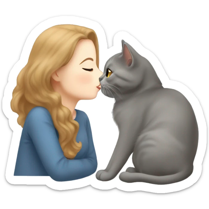 small British shorthair grey cat kissing brown long hair white woman sticker