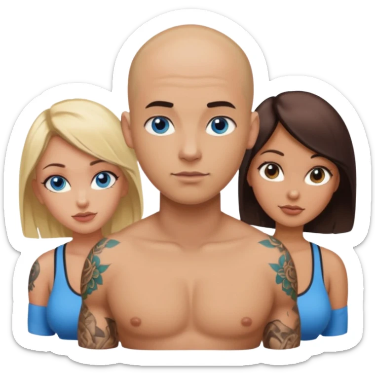 tattooed covered bald male with blonde haired blue eyed big boob female with brunette haired brown eyed big boob female throuple  sticker