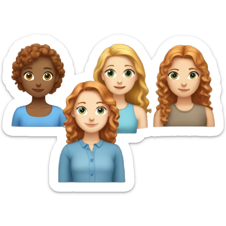 Girl with straight ginger hair and blue eyes, girl with a little curly brown hair and brown eyes and a girl with straight blond hair and blue eyes sticker