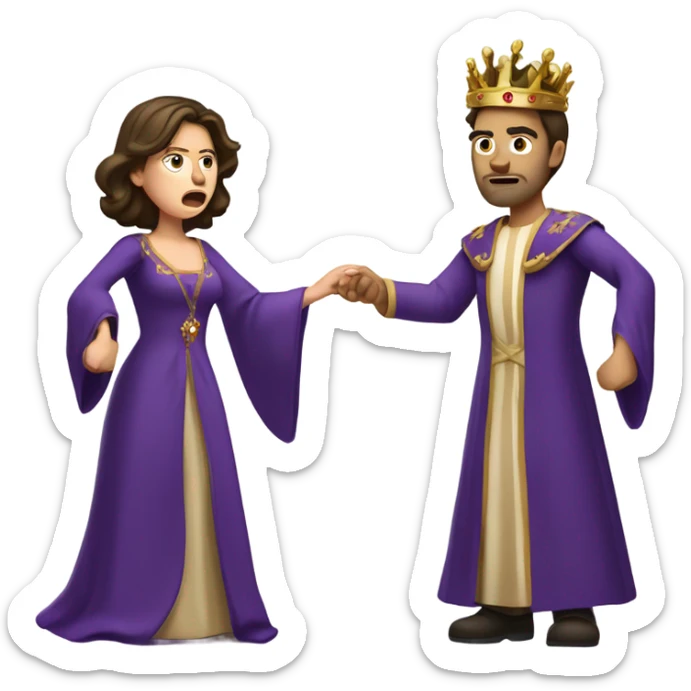 Caucasian long brunette woman wearing formal royal purple robes and a crown whose face shows anger and disgust to the man she adores  sticker
