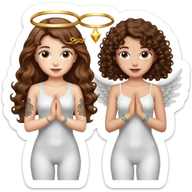 fake angel pose — long wavy brown hair tattooed woman and short tight curly brown hair woman — halo sparkle sticker