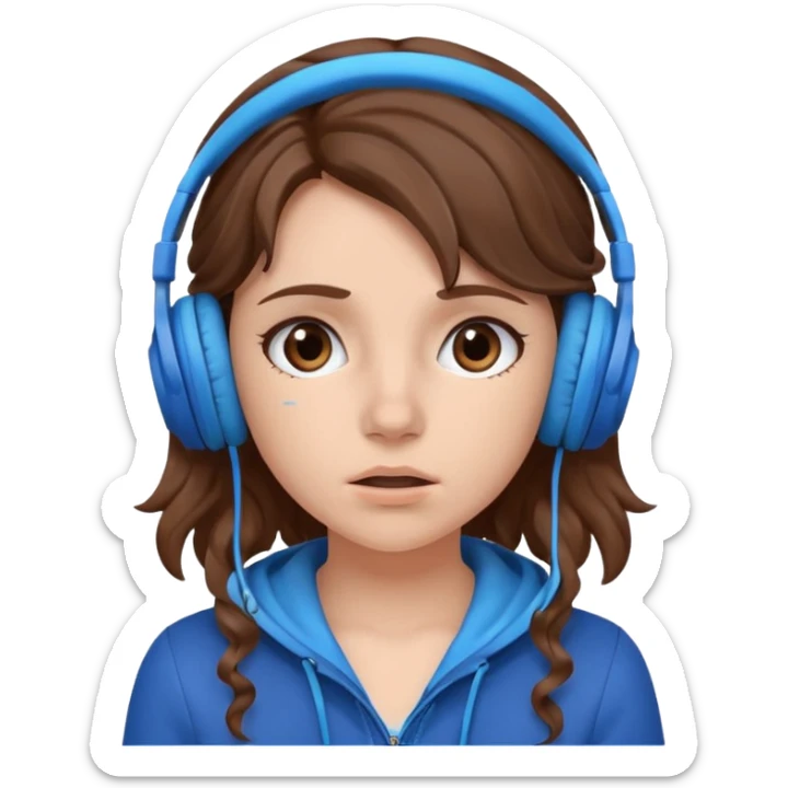 An upset girl with wavy hair listening to music with blue headphones sticker