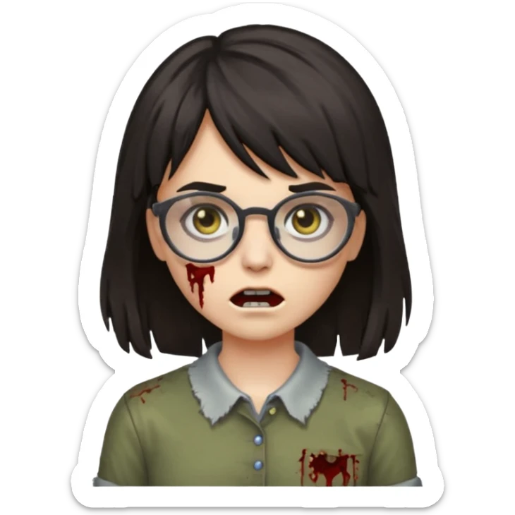  iPhone emoji is a zombie girl with dark hair long below her shoulders bangs and a ragged haircut gray eyes glasses  sticker