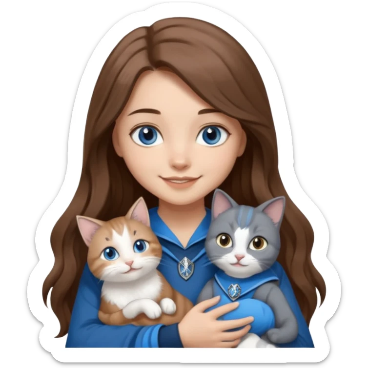 gorgeous Girl with light skin, blue eyes, long brown hair, wears a ravenclaw outfit, with a grey and white cat holding in her arms sticker