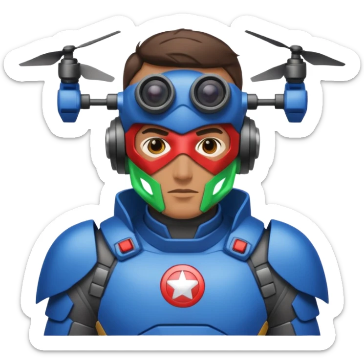 Un photographe homme high tech, une armure de terrain à la super héro. Il a des appareils photos, des caméras embarquées et un drone  sticker