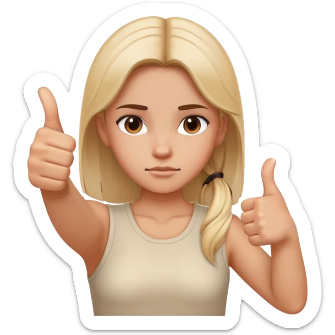 Girl with one hand clearly showing thumbs up gesture and other hand clearly showing thumbs down gesture, distinct opposing hand signals, mixed feelings facial expression sticker