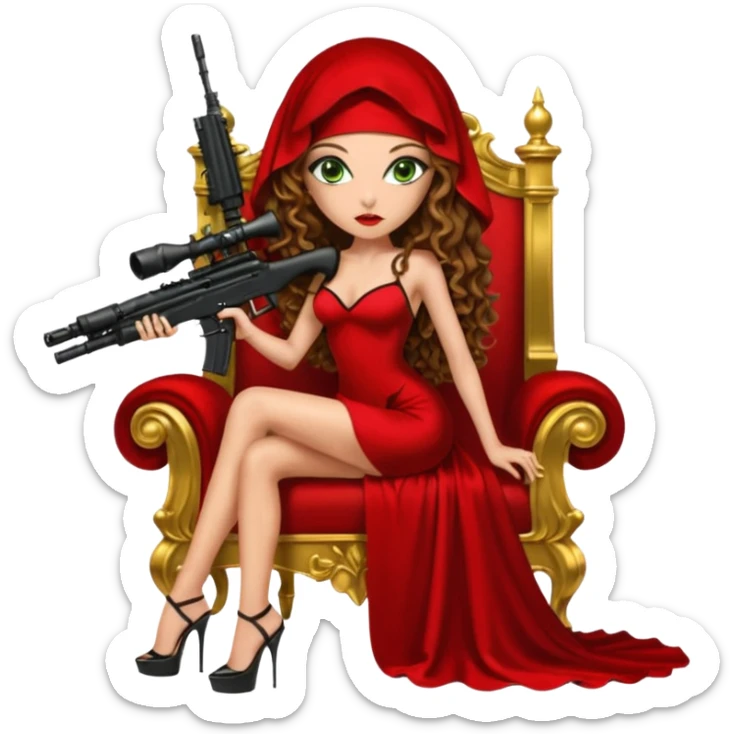 Drug dealer female green eyes symbol.  hair is brown curly long hair. sexy long with long red and black dress and mouth veil cover on that covers her mouth only. black stiletto platform high heels shoes on. Holding sniper rifle sitting on a gold throne. sticker