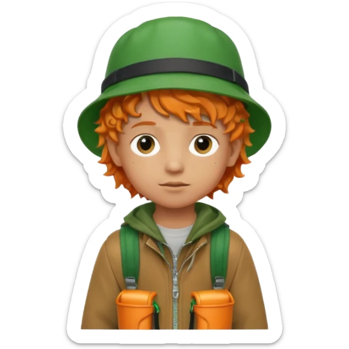 A little boy student curly orange hair, with green bucket hat, brown jacket, backpack sticker