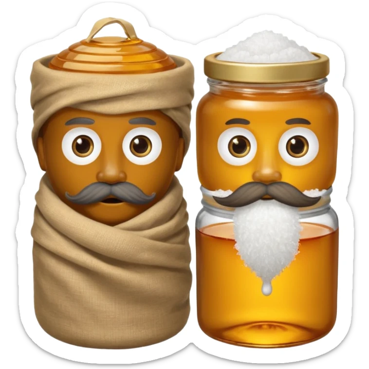 Garama and Madundung are together a gray container of salt and a honey container with a cloth on top. They each have eyes with white in the middle, a mouth, nose, and mustache both customary to their colors. They have hairy legs and emit an aura of salt (Garama), and honey (Madundung). sticker