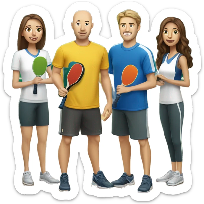 4 Caucasian people playing pickleball with 1 tall bald male, 1 shorter brown hair male, 1 girl with long brown hair, 1 girl  with brown hair sticker