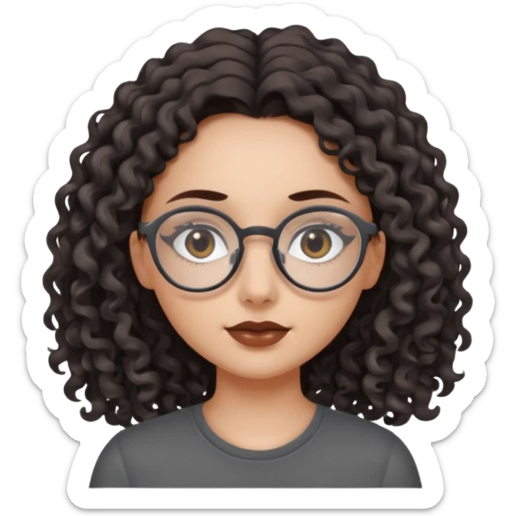 aesthetic white girl with dark brown, long curly hair, she wears a dark grey top and  glasses and her eyes are black sticker