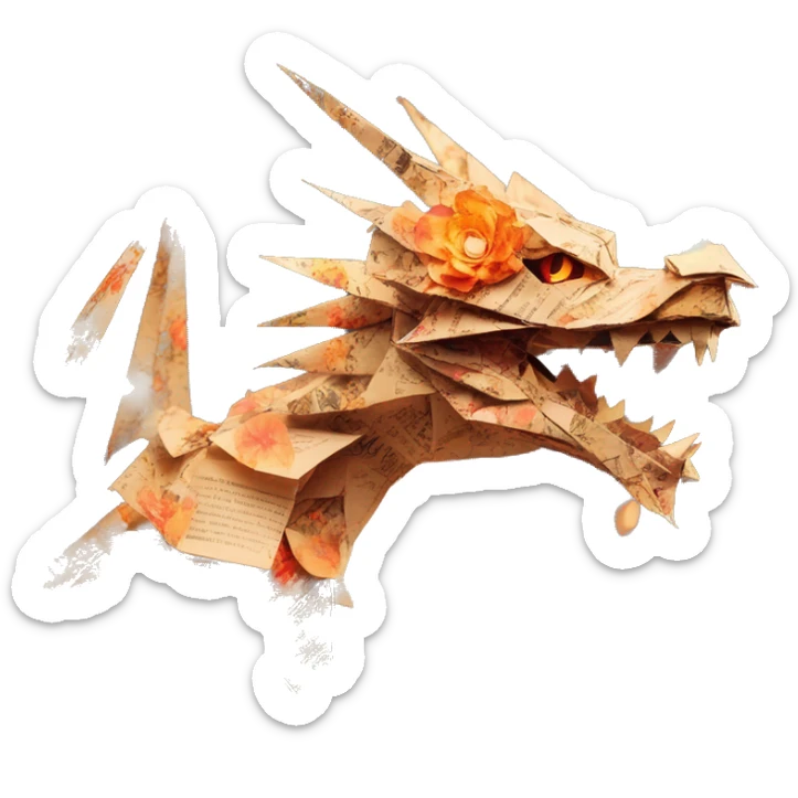 Charred flaming fiery Beige Origami dragon made of newspapers on fire letters on fire burnt paper surrounded by fairy lights swirls covered in dried flowers bokeh floral flowers fire flames sticker