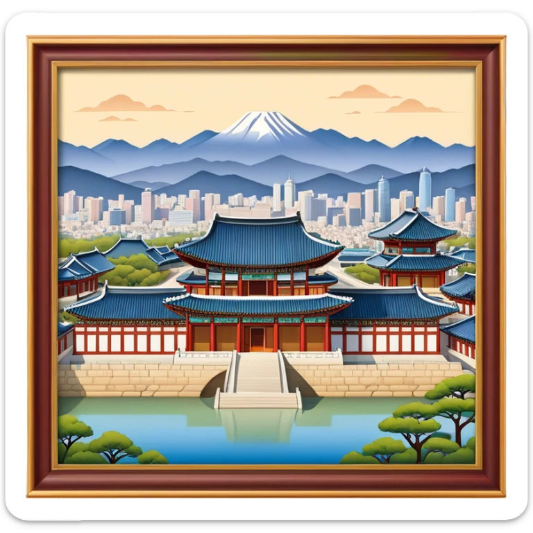 Cinematic Realistic Gyeongbokgung Palace Landmark Emoji, rendered with traditional Korean architecture, ornate wooden carvings, and vibrant colors, set against the backdrop of modern Seoul with soft evening light. sticker
