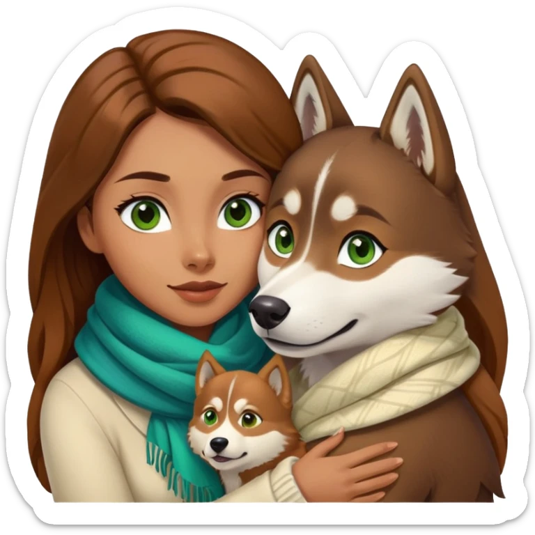 Woman color caramel with brown eyes and brown long hear, hug a Brown husky with eyes green and blue and a cream scarf  sticker