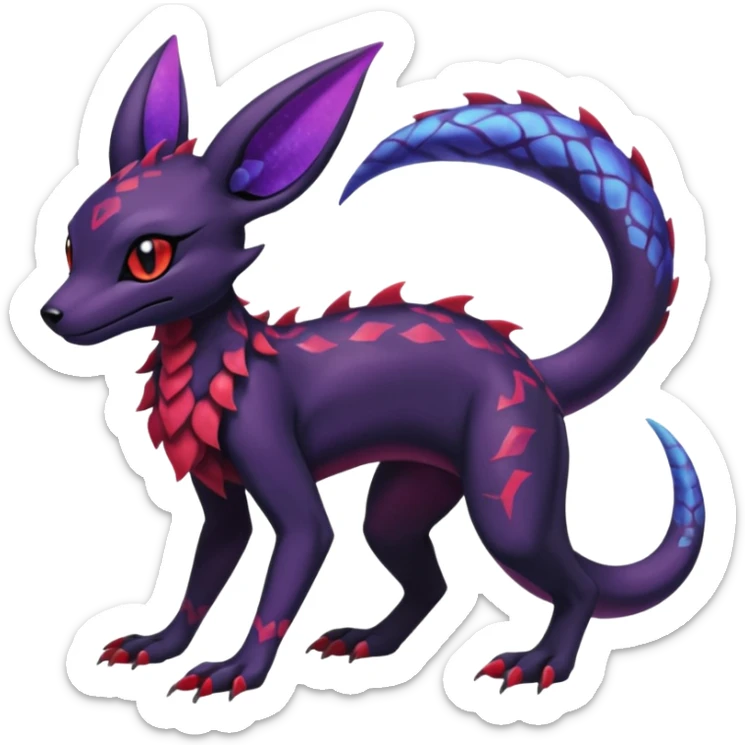Gothic Black red purple Scaley Exotic Salandit-Umbreon-Suicune-Fakémon-hybrid-creature (full body), 4 legs sticker
