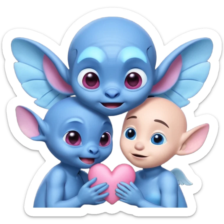Emoji style: A cute pink alien girl (Angel from Lilo & Stitch) kisses a blue alien boy (Stitch) on the cheek. Stitch looks surprised and his eyes turn into pink hearts. Angel is smiling with eyes closed. 3D emoji style sticker