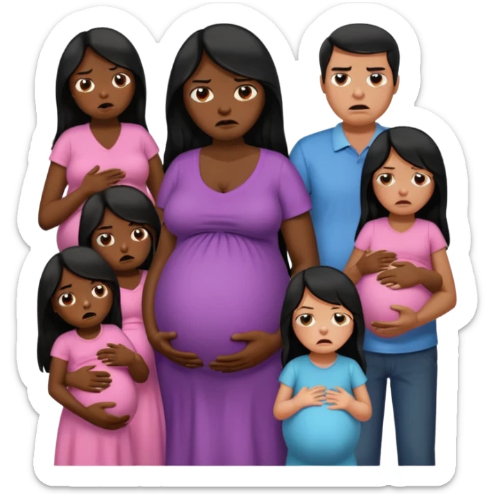 pregnant woman with long black hair crying, angry man next to her, five little girls around sticker