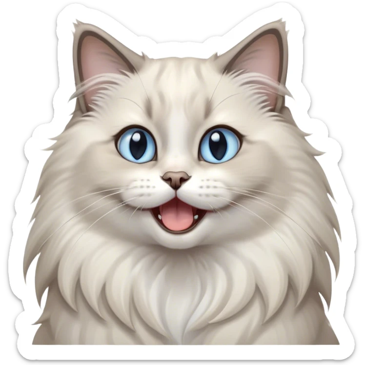 Cinematic Adorable Fluffy Light Grey Mantle Ragdoll Cat Portrait Emoji, Head tilted cutely with big, sparkling blue eyes, soft light grey fur with darker points on the ears, face, and paws, Simplified yet irresistibly adorable features, highly detailed, glowing with a soft, warm glow, high shine, yawning in a peaceful and playful manner, stylized with a touch of whimsy, bright and endearing, soft glowing outline, capturing the essence of a relaxed and loving kitten, so cute it feels like it could leap out of the screen and stretch into a cozy nap! sticker