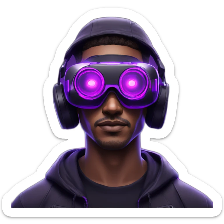 Cyberpunk style. Violet neon. Man with light skin in the black hoody with violet OMG VR logo on it wearing vr headset oculus quest 2 sticker
