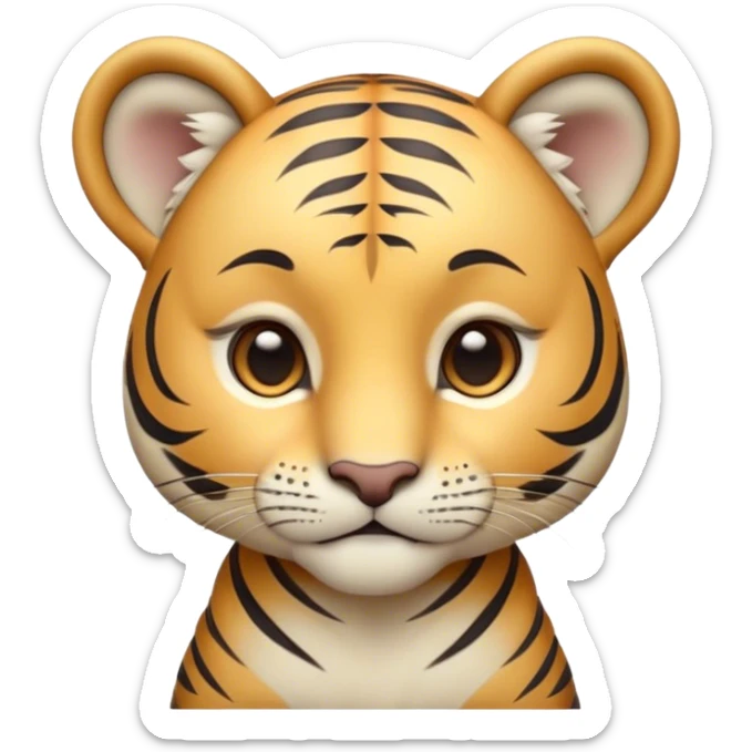 Cinematic Noble Tiger Cub Portrait Emoji, Poised with a hint of regal innocence, featuring a compact, soft build adorned with delicate stripes and large, expressive eyes, Simplified yet sharp and sophisticated features, highly detailed, glowing with a gentle, wild luminescence, high shine, intelligent and endearing, stylized with an air of youthful authority, focused and attentive, soft glowing outline, capturing the essence of a tiny jungle guardian that appears ready to pounce out of the screen with effortless charm! sticker