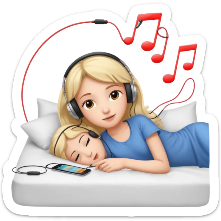 girl lying on bed comfortably listening to music with wired earphones sticker