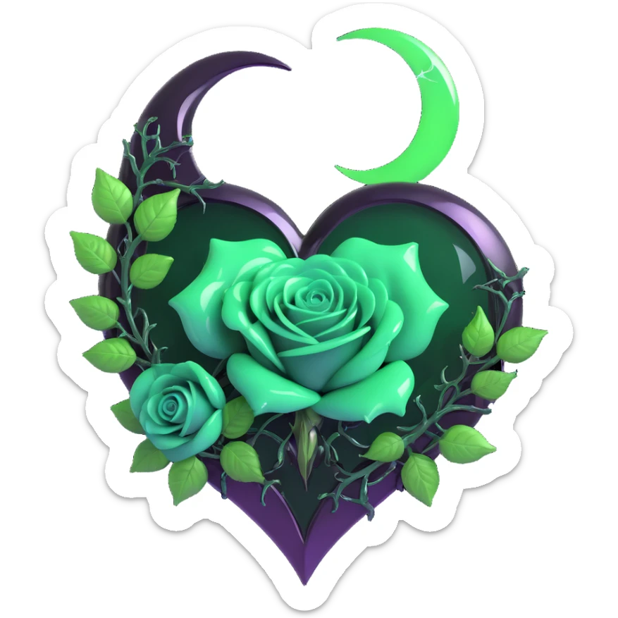 gothic heart made of obsidian glass, silver crescent moon, emerald green roses, holographic stardust, neon green lightning, wet and cracked glass sticker
