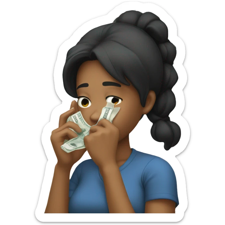black hair girl wipes away tears with a banknote sticker