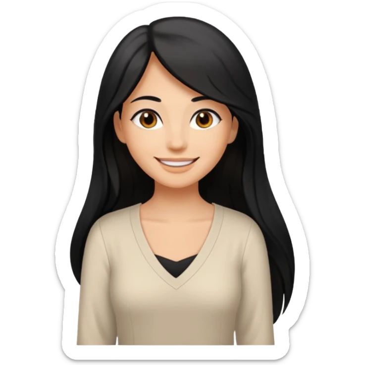 medium tan woman with long black hair past middle of back, round brwn eyes, white v neck blouse smiling. sticker