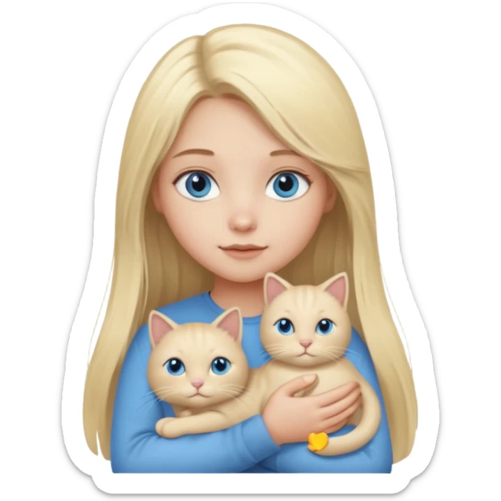 blonde girl with long blonde hair and blue eyes with chubby gray cat sticker