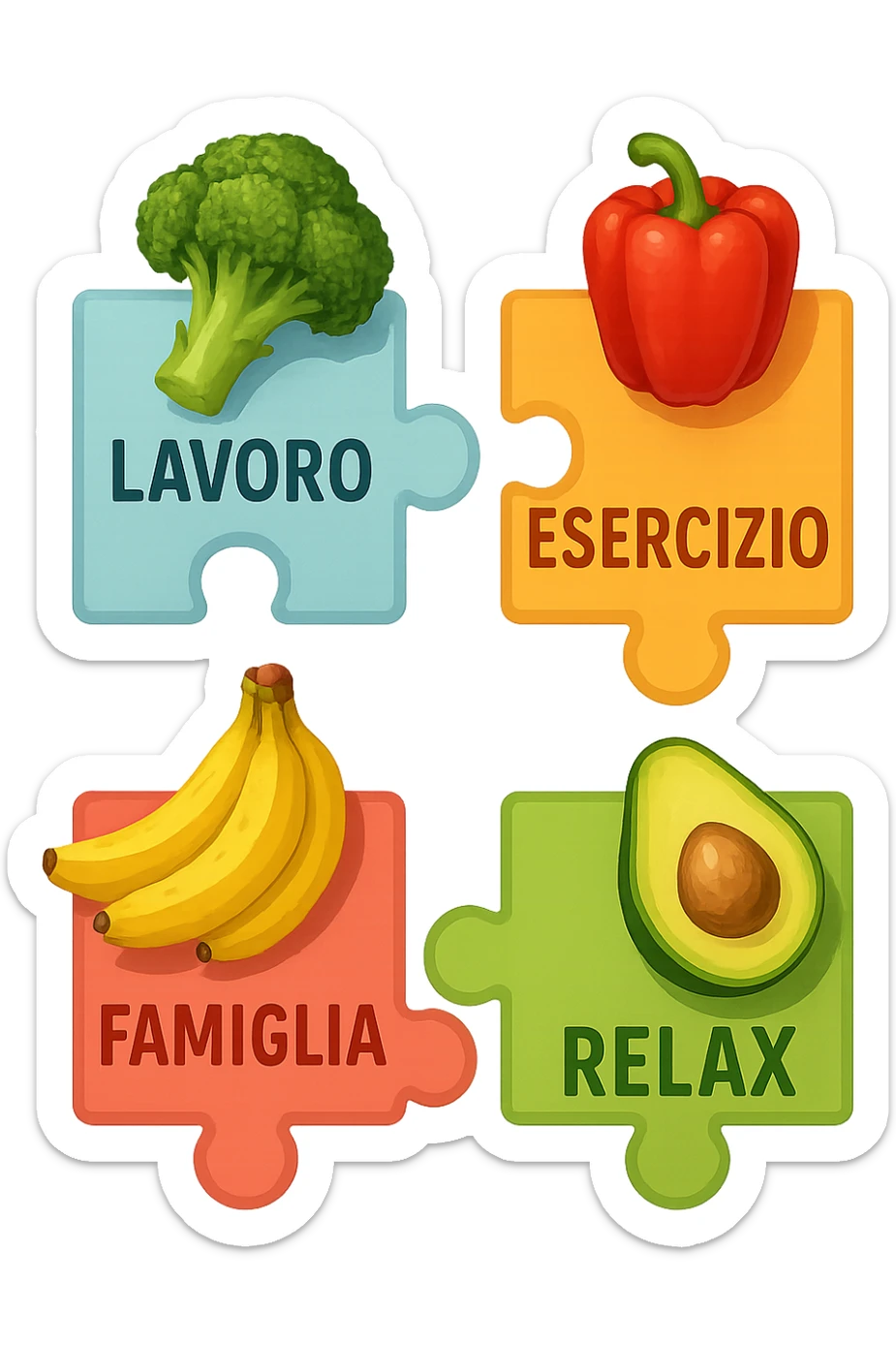Puzzle (Lavoro, Esercizio, Famiglia, Relax), and healthy foods are integrated into each piece. in italiano sticker