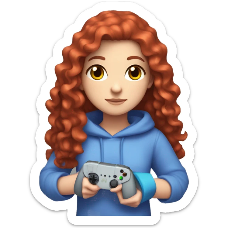 a white girl with long red curly hair, wearing periwinkle Minecraft hoodie holding a controller sticker