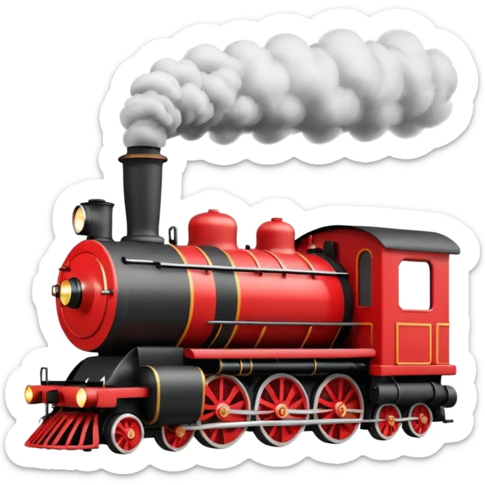 A 3D cartoon classic steam locomotive with a chimney releasing smoke, red and black body, bright sky background, Memoji-style rendering. sticker
